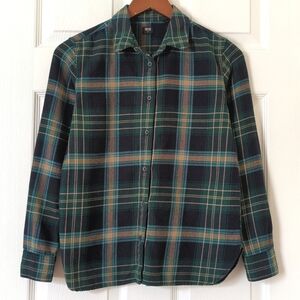 Uniqlo Plaid Classic Boyfriend Fit Long Sleeve Button Down Shirt Navy Green XS